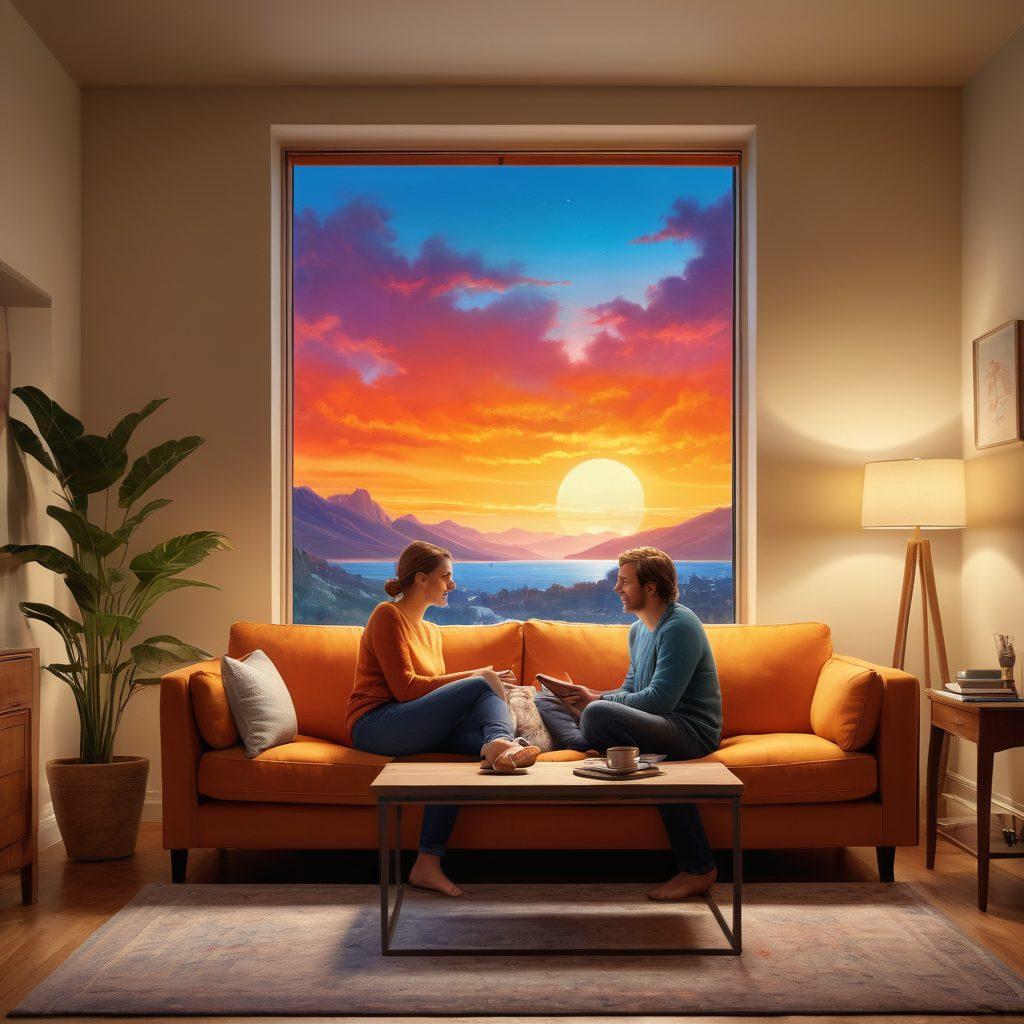 A serene scene depicting a couple sitting on a couch, surrounded by personalized artwork representing their unique relationship moments, with a protective shield glowing around them symbolizing customized coverage. Include soft light filtering through the window, highlighting their warm smiles, and a cozy living room environment. The image suggests security and intimacy. super-realistic. vibrant colors. warm tones.