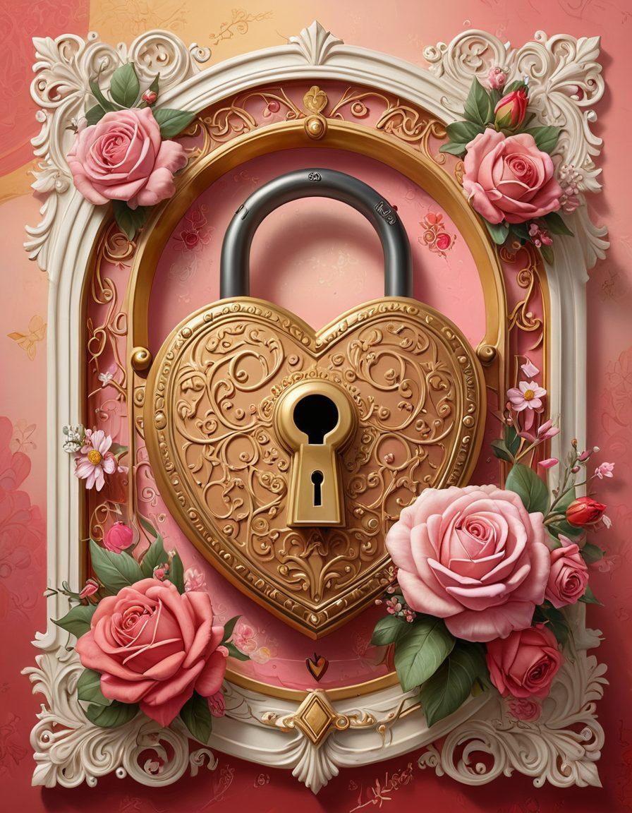 A creative illustration featuring a large, ornate lock, with heart-shaped keys scattered around it, representing love and security. In the background, show a whimsical landscape blending insurance symbols like a shield and calculator with romantic elements like roses and doves. The colors should be warm and inviting, conveying a sense of comfort and protection. Include an open book titled 'Guide to Customized Coverage' at the forefront. vibrant colors. digital painting.