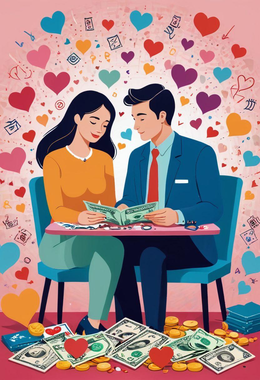 An imaginative and visually engaging scene depicting a couple comparing love insurance quotes amidst a backdrop of floating financial icons like coins and hearts. They are surrounded by colorful charts displaying different savings options, with a calculator and love letters on the table. Bright, warm colors to symbolize love and financial stability. vector art. vibrant colors. whimsical style.